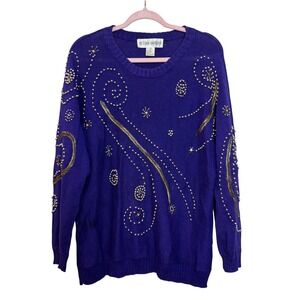 Victoria Harbour Embellished Sweater Purple Glam Vintage Beaded Sparkle Stars M